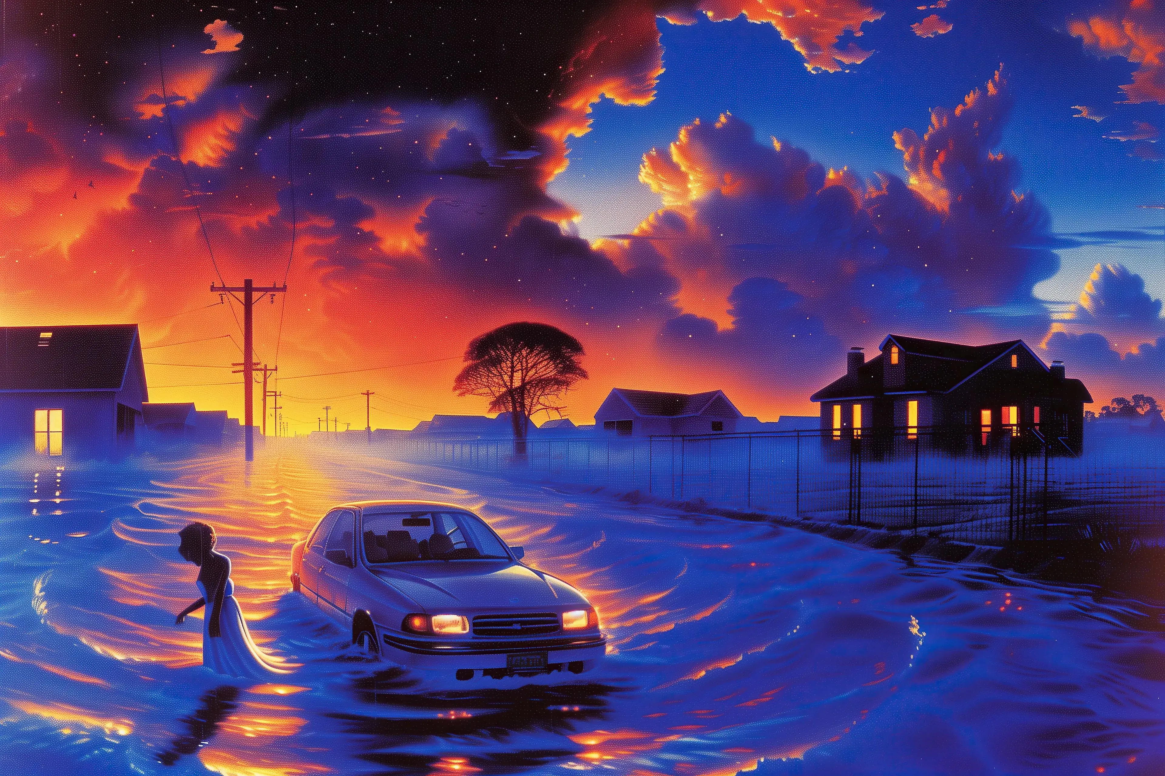 A lone figure on a rooftop above the water